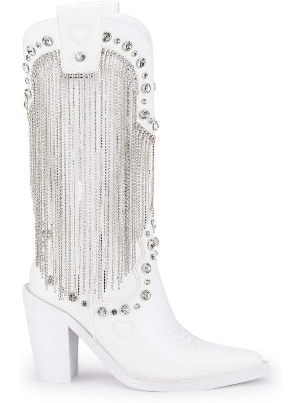 Women's White Vegan Leather Rhinestone Fringe and Jewel Studs Heel Ankle & Boots